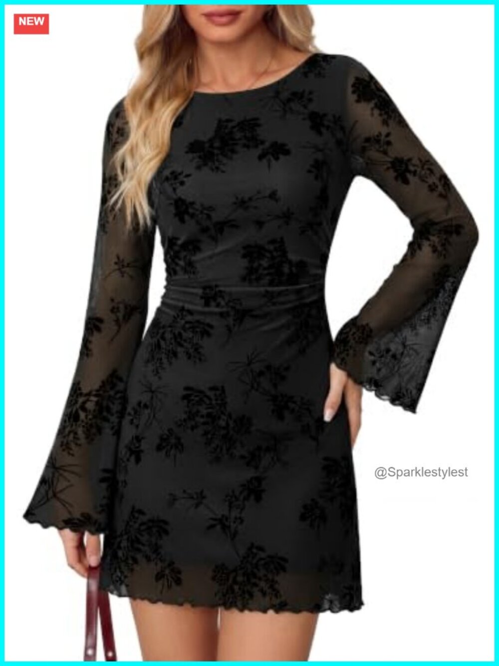 Long Sleeve Mesh A-Line Mini Dress Ruched Waist Bell Sleeve